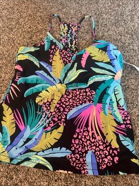 Women’s  Swim Tankini Top - Black with Bright Multi Colors Size Medium NWT